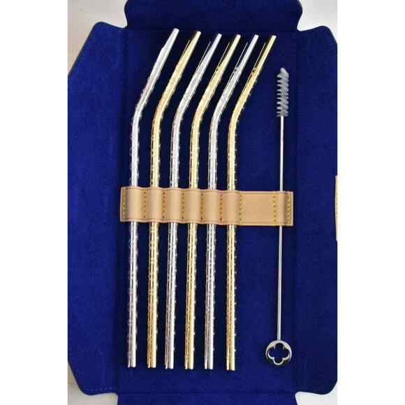 Louis Vuitton Metal Gold Silver Monogram Drinking Straws And Pouch Brown Case - Picture 12 of 12